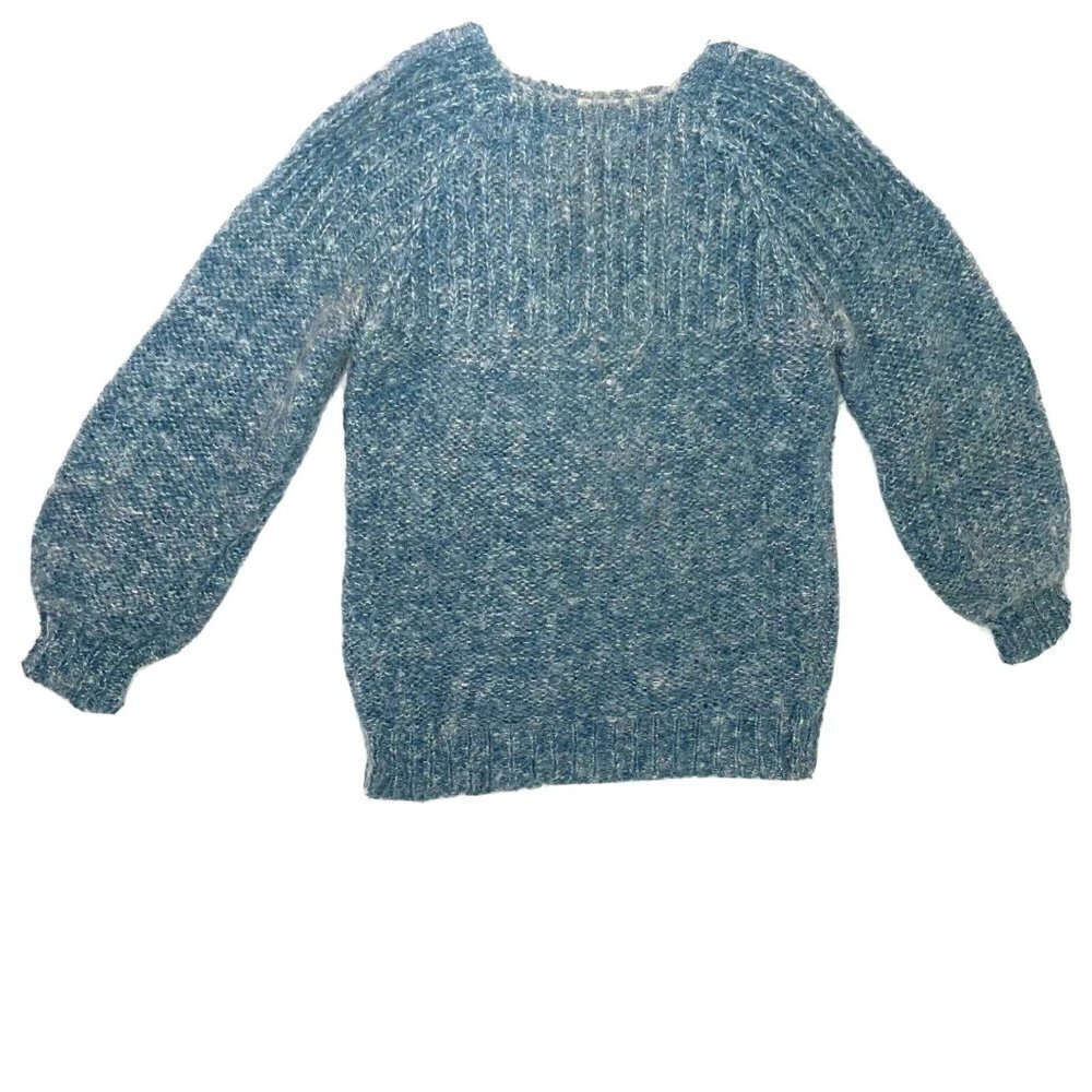 Hand Knit Sweater Womens Crew Neck Knit Cuff Metallic Thread Blue Silver